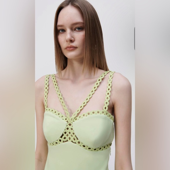 SIMKHAI SEVILLA CROCHET W/ METAL-RING HALTER MIDI DRESS LIME Sz various - Picture 4 of 7